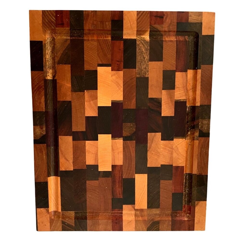 End grain  Cutting Board made from various hard woods, with juice grove and non